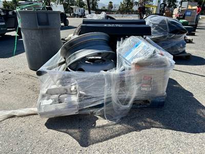 PALLET OF APPROX. (2) RIMS, APPROX. (2) TRAILER TIRES, TOOL BOX, ASST. ELECTRICAL COMPONENTS --(LOCATED IN COLTON, CA)--