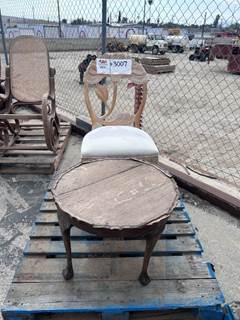 WOODEN CHAIRS W/CUSHION, SMALL WOODEN ROUND TABLE --(LOCATED IN COLTON, CA)--