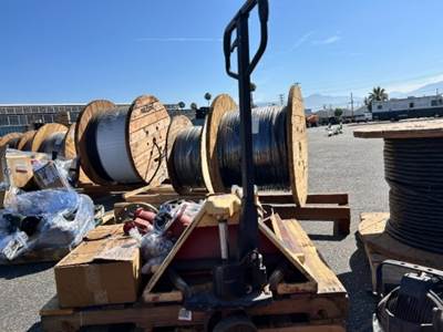 PALLET OF ASST. ELECTRIC MOTORS, PALLET JACK, MISC. HARDWARE