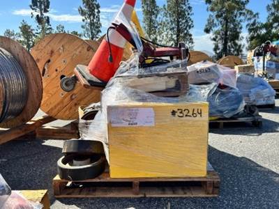 PALLET OF CHEMICAL CABINET, TILE SAW, MISC. CASTERS