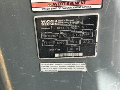 2015 WACKER RD27120 VIBRATORY TANDEM SMOOTH DRUM ROLLER