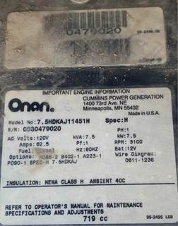 OnAn 7.5kW 12v Power GenerAtor Off Of A 2003 RoAdmAster Monocoque RV