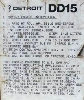 505 Hp Detroit DD15 Out Of A 2019 Freightliner CAscAdiA With 579,358 Miles On