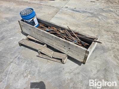 Used Concrete Form Stakes and Rebar Supports in Wooden Box, 65" x 20" x 12"