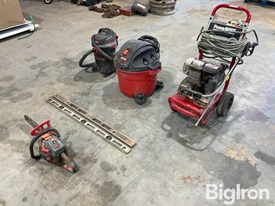 PowerBoss Pressure Washer, Shop Vacs, Construction Levels, & Oregon Chain Saw