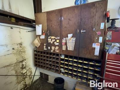 Lawson Fittings w/Compartments, Bolt Bins w/Contents & Wooden Storage Cabinets