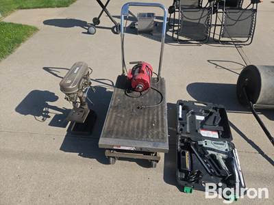 Hydraulic Lift Table, Drill Press, Framing Gun, & Motor