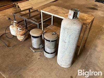Propane Burner, Heaters, Tanks, Oil Barrel Cart & Shop Table