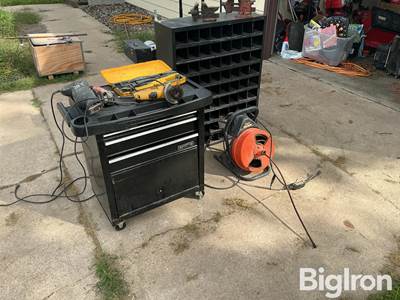 toolbox & bolt bin w/power tools & sewer roto rooter