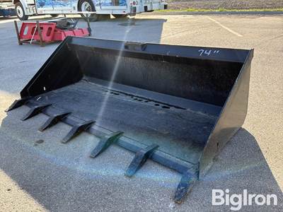 Used 73" Skid Steer Bucket with Replaceable Teeth, Universal Mounting Plate
