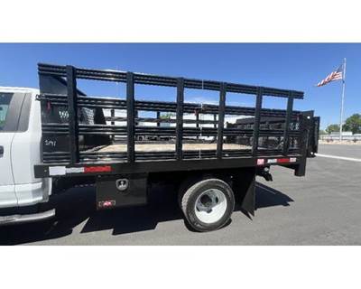 12' x 96" Stake Side Wood Deck Flatbed w/ Rear Tommy 1600 lb Liftgate, 39" x 90" Platform
