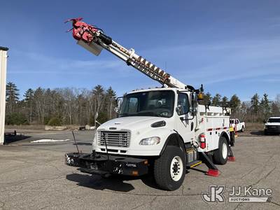Altec DL45-BR, 19,820 Lb Digger Derrick with 45 ft. sheave height, 3 section hyd boom, 2 spd digger, heel winch, pin on bucket, pole guides, stand up controls & 4 hyd outriggers, corner mounted on 2011 Freightliner M2 106 Utility Truck, 8.3L diesel, Auto, with front winch, (43,156 miles) (Runs, Moves & Upper Operates) (Upper
