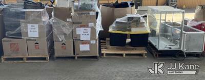 (4 Pallets) Office Supplies, Roller Skates, Wires, Glass Cabinet