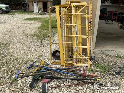 Used Scaffolding Pieces Lot with Brooms, Ladder, Hoses, Stakes, Washer