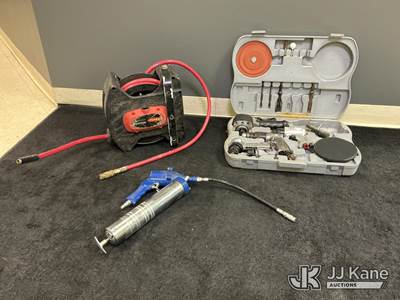 Used Air Hose Reel with Hose, Grease Gun, and Air Tools Case