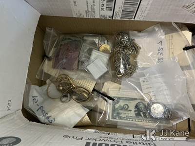 Used Box with Currency, Jewelry & Misc Items