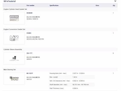 New Aftermarket Allis-Chalmers 649T Out Of Frame Overhaul Kit