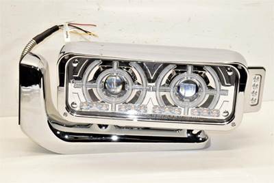 New Aftermarket Peterbilt 379 LH Chrome Projector LED Headlight w/Turn Signal & Bracket