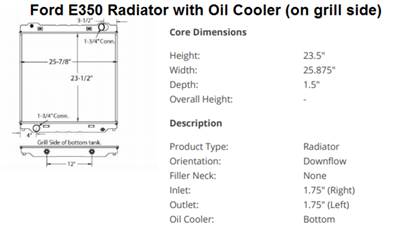 NTO Ford E350 Radiator with Oil Cooler (on grills side) for 6.0L Powerstroke V8 Engine