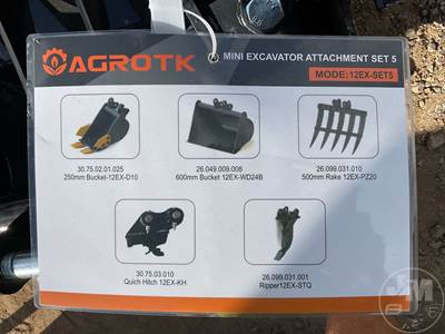 Unused AGT Set of 5 Excavator Attachments with 10" & 24" Buckets, Quick Coupler, Ripper & Rake