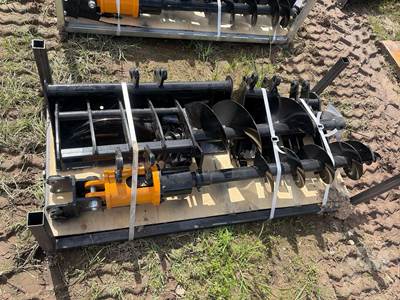 Unused MIVA Excavator Attachment Set: Auger, Rake, Grapple & 2 Buckets