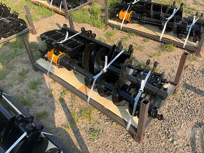 MIVA Unused Lot of (8) Excavator Attachments, 25 mm Pin, Rake/Ripper/Augers/Buckets