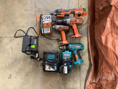 QTY Of Various Battery Powered Tools, Â (1) Ridgid 1/2" Drill, (1) Ridgid Impact