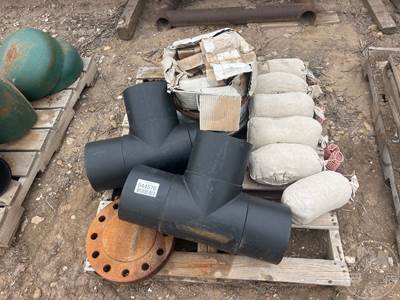 Pallet Of 2 Poly Pipe Tees, Misc Hardware & A Truck Rim, Â