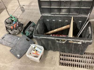 Hand Tools, Hole Saws, Level, Extension Cord, Poly Storage Box, Bucket Of Tools,