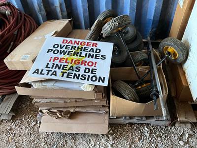 Pallet Of " Danger Overhead Powerlines" Yard Signs, Utility Cart Wheels