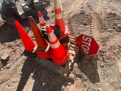 (50) Various Size Orange Construction Cones, (2) Slow/Stop Signs, & (3) Pike