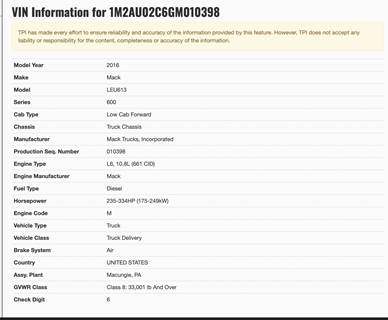 2016 MACK LEU613 Forward Low Cab, 600 Series