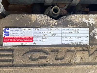 Cummins ISB 5.9L Engine Core for a 2006 Freightliner MT45 Chassis