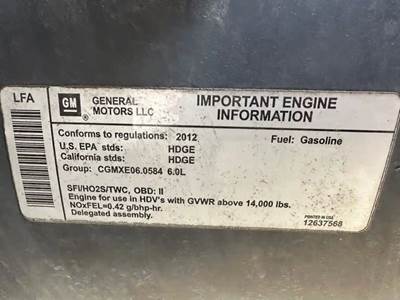 GM/Chev (HD) 6.0L Engine for a 2012 Workhorse Custom Chassis W62