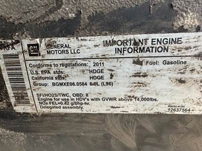 GM/Chev (HD) 6.0L Engine for a 2011 Workhorse Custom Chassis W62