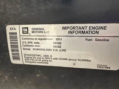 GM/Chev (HD) 6.0L Engine for a 2011 Workhorse Custom Chassis W62