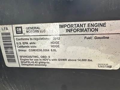 GM/Chev (HD) 6.0L Engine for a 2012 Workhorse Custom Chassis W62