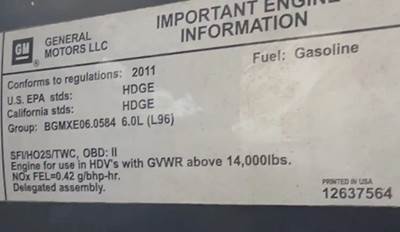 GM/Chev (HD) 6.0L Engine for a 2011 Workhorse Custom Chassis W62
