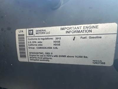GM/Chev (HD) 6.0L Engine for a 2012 Workhorse Custom Chassis W62