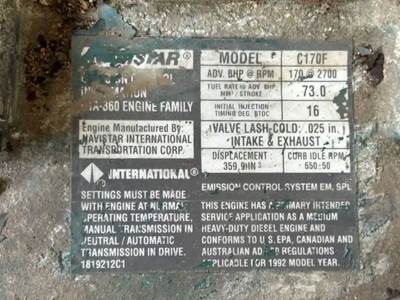 International DTA360 Engine for a 1992 International 4700