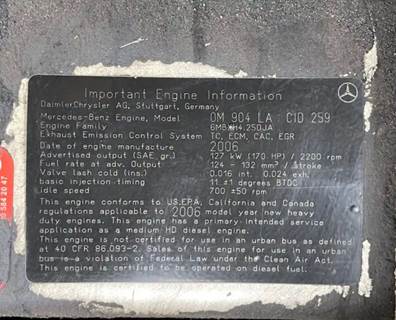 Mercedes-Benz MBE 900 Engine for a 2006 Freightliner MT45 Chassis