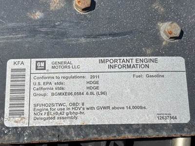 (Used) 2011 Gm/Chev (Hd) 6.0L, Engine Assembly-  Family Number: BGMXE06.0584,