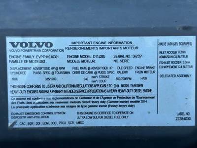 Volvo D11 Engine for a 2015 Volvo VNM