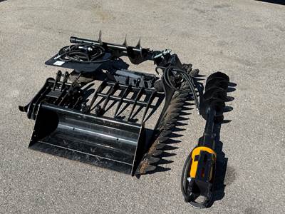 Mini Excavator Attachments Set Auger 8" & 12", Grabber, Rake, Grading Bucket, Hedge Trimmer & Brush Cutter