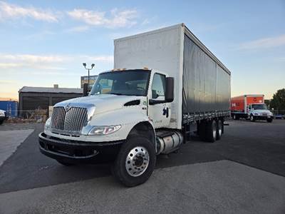 International MV607 Tandem Axle Curtain Side Truck - Cummins, 300HP, 10 Speed Manual