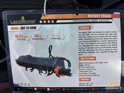 Rotary Tiller. 15-23 GPM Flow Range, 66 In Working Width, 2-6 In Tilling Depth.