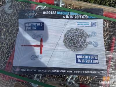 New 5/16 20Ft Chains Quantity Of 10, And (5) 5400 LBS Ratchet Binders.
