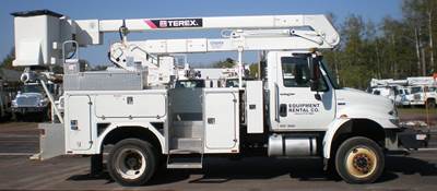 International 4300M7 SBA 4X4 Bucket Truck - Terex HiRanger HR40M Aerial Lift 45 Ft Working Height with Material Handling Jib