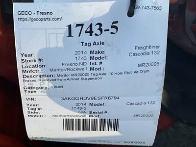 Meritor-Rockwell MR20005 Tag / Pusher Axle for a Freightliner Cascadia 132