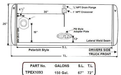 Peterbilt 379 1985-2007 Left Fuel Tank for a Alum Cylinder Peterbilt 145-154 GALLON
